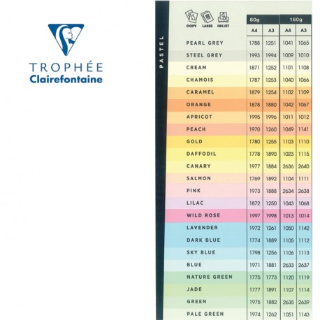 CLAIREFONTAINE TROPHEE A4 OR A3 LIGHT COLOURS COPY PAPER 80GR OR 160GR - 250 OR 500 SHEETS