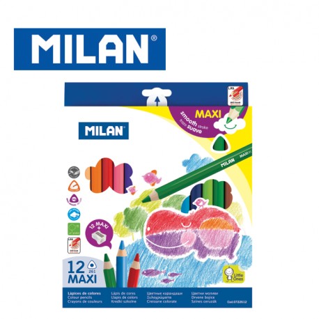 Milan Colour Pencils - Box of 12 MAXI triangular colour pencils + FREE Sharpener